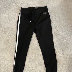 Black pinstripe stretch pant with tie waist